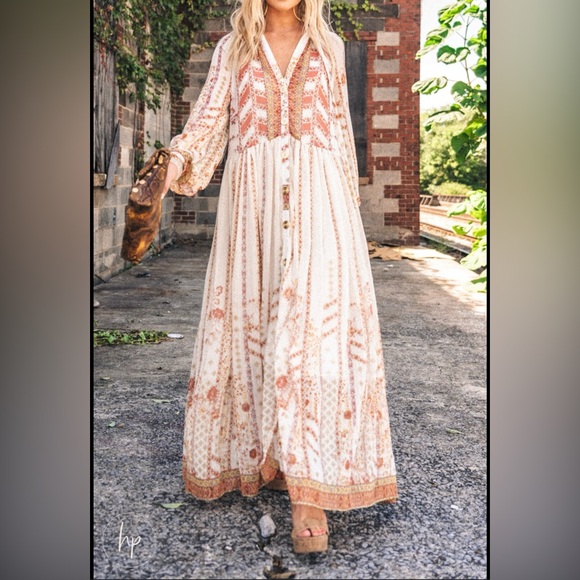 Free People Dresses & Skirts - Free People Cream and Pink Patterned Maxi Dress